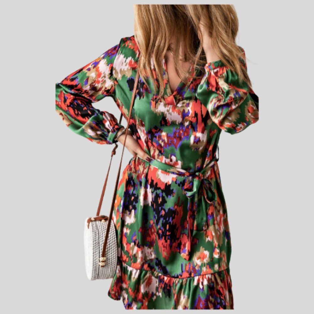 Abstract Print Ruffled Drawstring High Waist Mini Dress - Picture 3 of 5